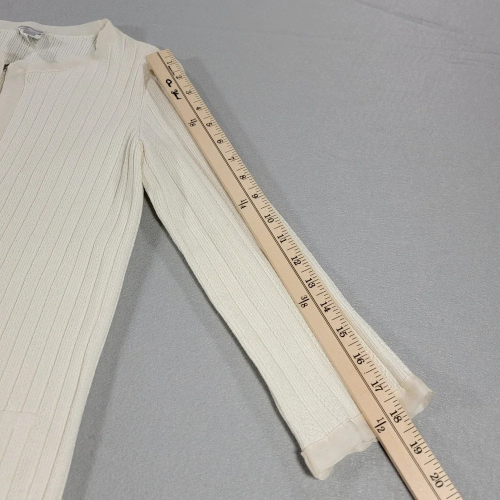 Vintage Chanel Ribbed Cardigan 06P Lagerfeld CC Logo Ivory Silk Trim Women XS 42